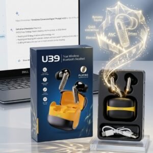 Close-up of U39 Earbud showing the ceramic driver mesh and magnetic suction charging pins.